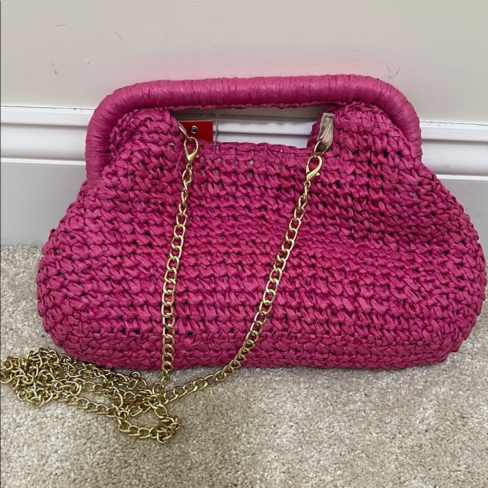 Pink Woven Handbag with Gold Chain - Picture 1 of 4